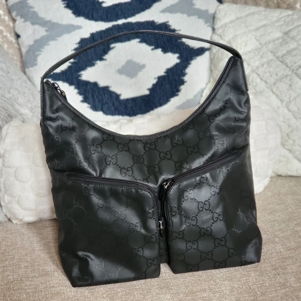 Gucci Black GG Nylon and Leather Double Pocket Hobo.. Authentic!!